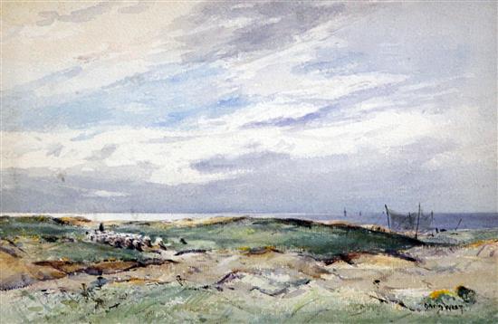 § David West (1939-) Shepherd and flock in a coastal landscape 10 x 15in.